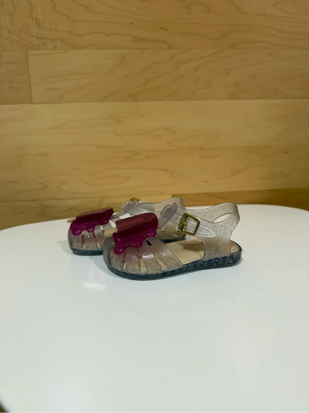 Mini Melissa Clear Glitter Jelly Sandals with Purple Popsicle Accent